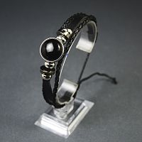 Браслет кожаный плетеный - Обсидиан