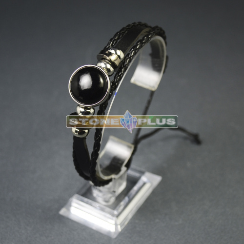 Браслет кожаный плетеный - Обсидиан