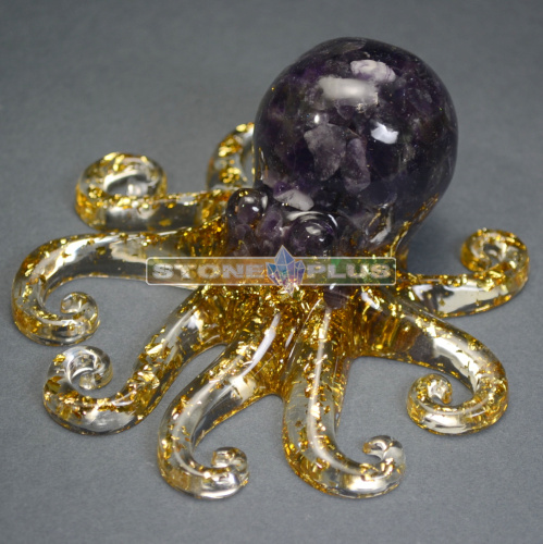 Фигурка "Осьминог" с аметистом и эпоксидной смолой 4.5*10 см