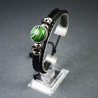 Браслет кожаный плетеный - Малахит (имитация)