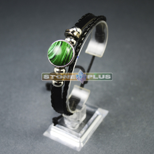 Браслет кожаный плетеный - Малахит (имитация)